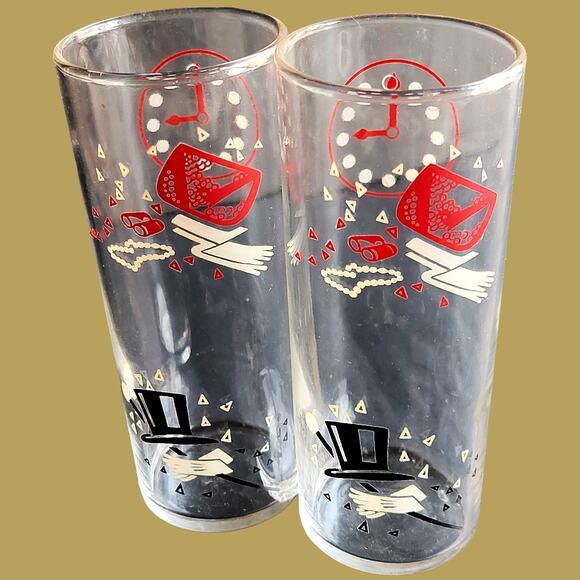 Vintage MCM 1960s Federal Glass "Party Time" High Ball Glasses, Set of Two - Picture 1 of 5